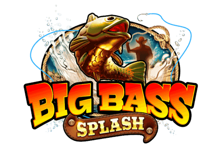 Big Bass Splash fisherman mascot beside turquoise water with the game logo above a desert canyon skyline