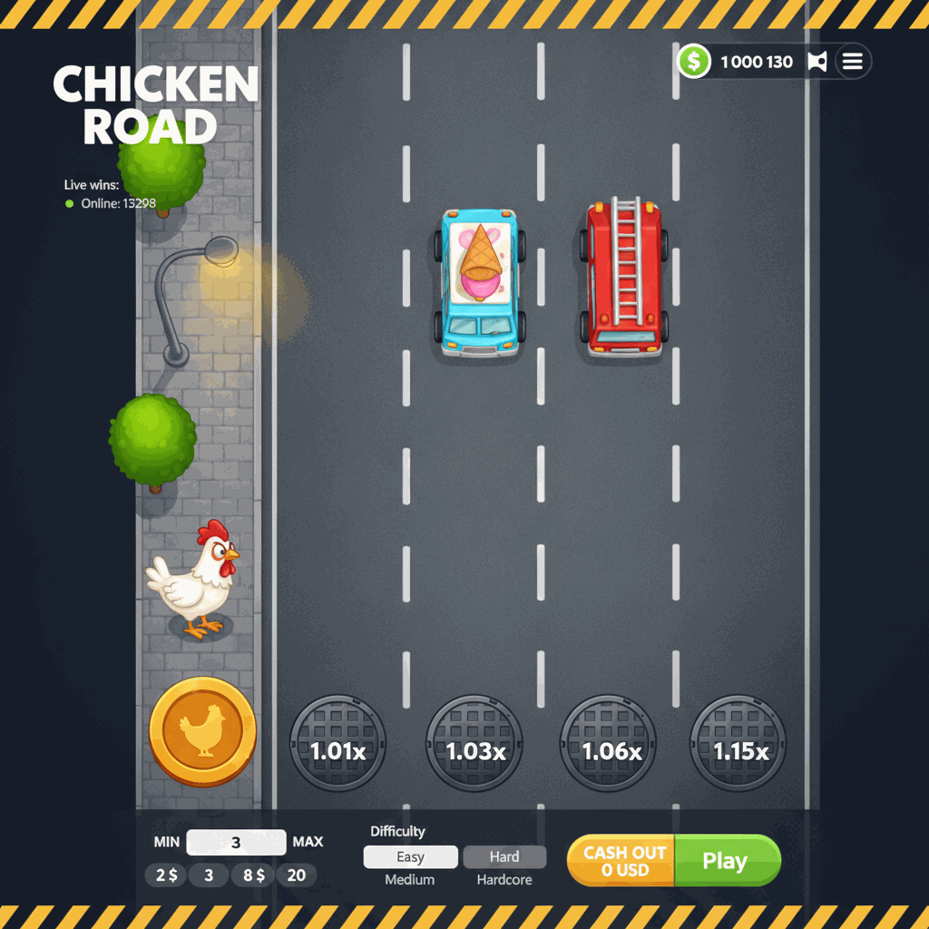 Chicken Road crash game showing a cartoon chicken crossing a multi-lane highway from a top-down perspective, with dark asphalt lanes separated by white dashed lines, manhole covers displaying multiplier values, and an urban sidewalk scene featuring green trees and a street lamp on the left side