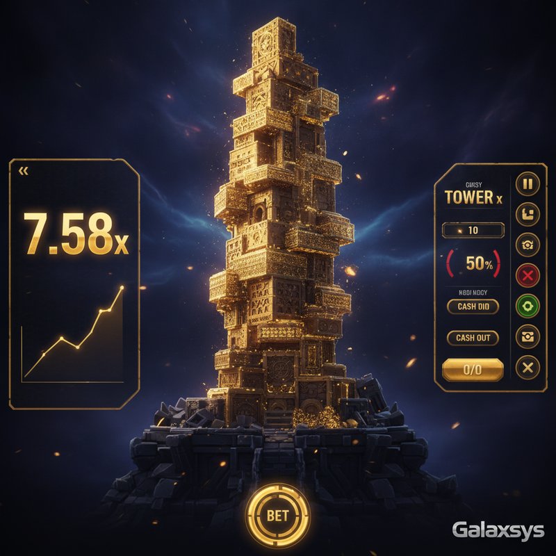 Tower Rush slot game by Galaxsys featuring strategic tower building gameplay with golden blocks stacking vertically, crash-style betting interface, and multiplier display showing real-time odds